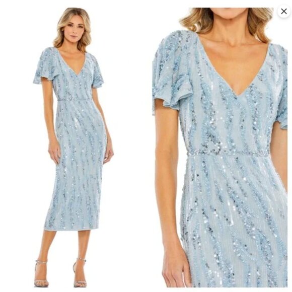 MAC DUGGAL 93591 SEQUINED V-NECK FLUTTER SLEEVE TEA LENGTH POWDER BULE GOWN 10